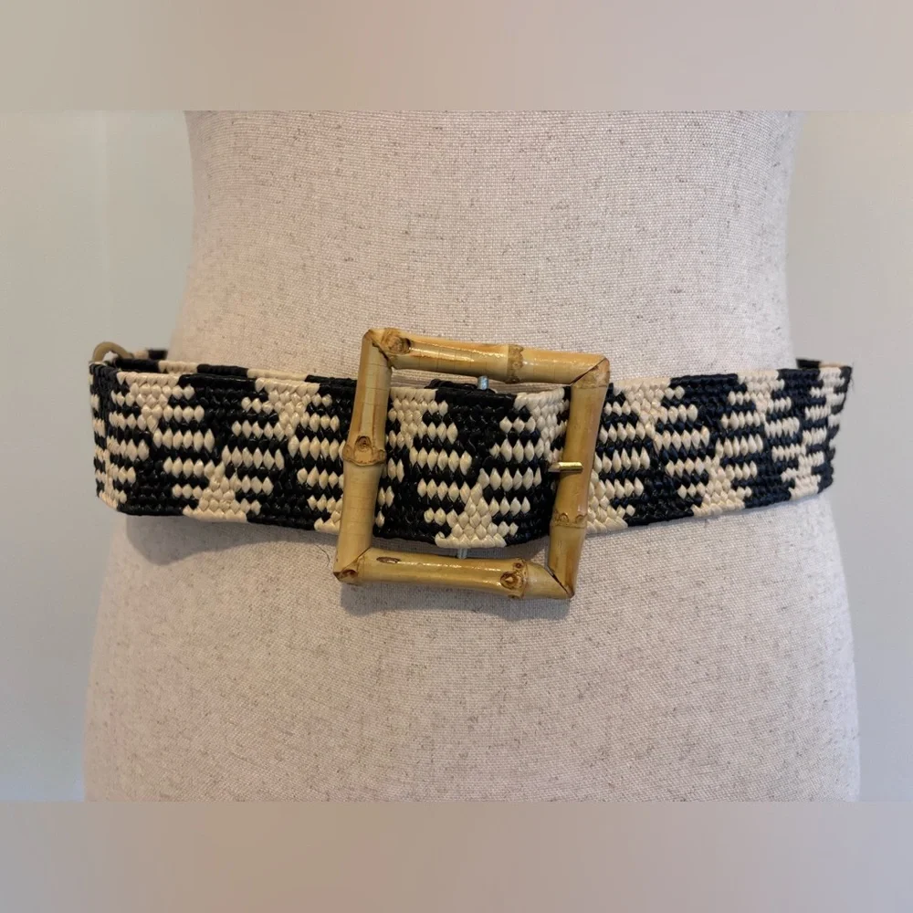 Black White Woven Stretch Belt Bamboo Buckle Boho Resort Waist Belt